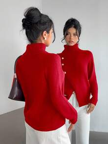 SHEIN Elenzya Elegancki sweter damski z wysokim kołnierzem i metalowymi guzikami, jednokolorowy, długi rękaw, czerwony sweter świąteczny, jesień/zima - Czerwony - Zobacz 2