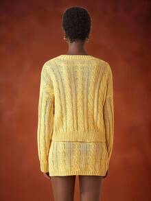 Zivah Winter New Styles, Christmas, New Year, Wedding Season, Valentine's Day, Birthday Parties, Graduation Season, Daily Outings, Basic, Versatile, Casual Vacation, Cruise Travel, Casual Elegance, Commuting, Street European Style, Simple Style, Women's Holiday Outfits, Round-Neck Long-Sleeved Loose Sweater + Mini Skirt, Cut-Out See-Through Woolen Suit, Women's Sweater Two-Piece Set - Yellow - View 2