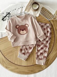 SHEIN Playful Pals 2pcs/Set Baby Boy Colorblock White Gray Green Crew Neck Long Sleeve Pullover Top And Solid Green Pants, Outfit Suitable For Outings, Casual Wear, Sports, And School