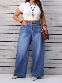 SHEIN CURVE+ Quần jeans ống rộng cạp cao giặt thường ngày cỡ lớn - Màu xanh lam - Xem 8