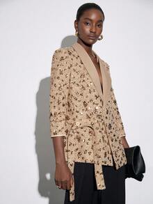 Aveloria Modichic Sequin Embellished Professional Office Wear Jacket With Side Tie Design, Long Sleeve - Khaki - View 3