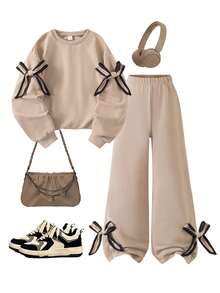 Sparklyn "Tween Girls Beige 2 Pieces Outfit - Oversized Sweatshirt With Bow Detail & Wide-Leg Pants Co-Ord Set For Casual Daily Wear" - Khaki - View 1