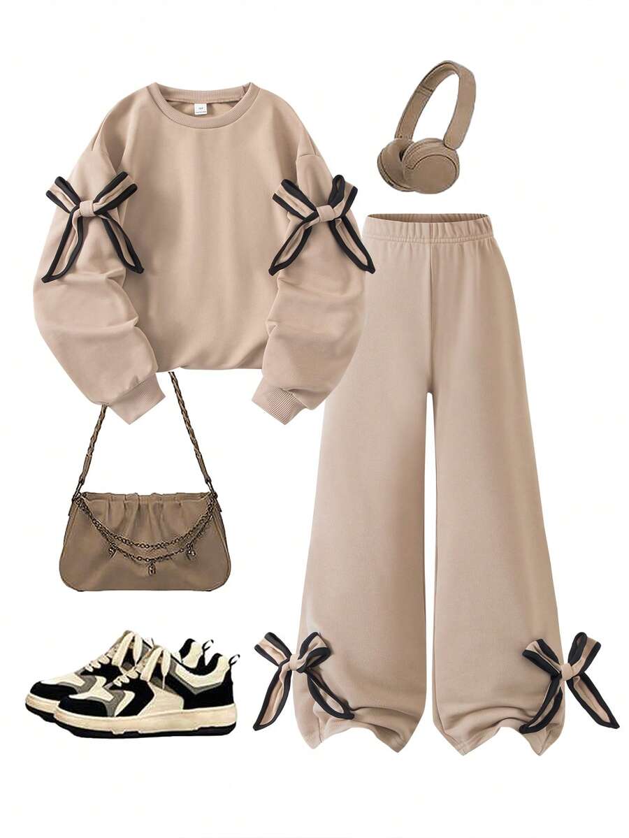 Sparklyn "Tween Girls Beige 2 Pieces Outfit - Oversized Sweatshirt With Bow Detail & Wide-Leg Pants Co-Ord Set For Casual Daily Wear" - Khaki - View 1