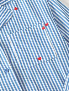 SHEIN 少女两件套睡衣，优雅条纹舒适上衣和长裤，甜美爱心印花，百搭家居服 - 藍白色 - 查看 5