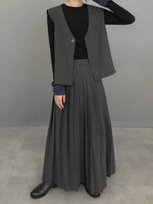 FRIFUL 女式深灰色纯色无袖上衣和百褶裙两件套，秋季