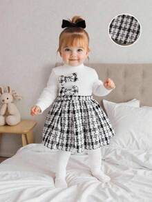 Baby Girls' Cute Black & White Plaid Skirt Outfit With Long Sleeve Round Neck Bow Decor Top And Hat Accessory T-Shirt Set - White - View 1
