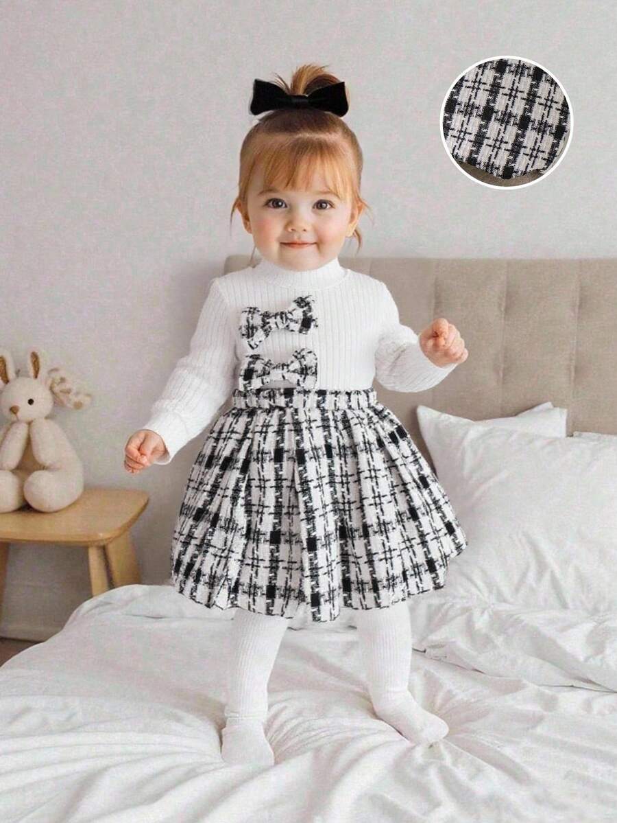 Baby Girls' Cute Black & White Plaid Skirt Outfit With Long Sleeve Round Neck Bow Decor Top And Hat Accessory T-Shirt Set - White - View 1