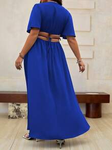 Roveilla Plus Size Women's Solid Color Deep V-Neck Ruffle Sleeve Slit Hem Elegant Dress Maxi Women Outfit - Royal Blue - View 2