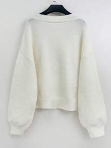 Franclia 白色金属纽扣时尚复古优雅百搭商务休闲度假长袖V领宽松女针织开衫，适合春秋冬 - 白色 - 查看 2