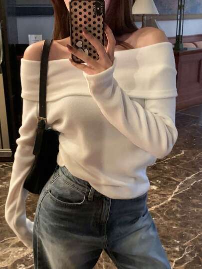 DAZY Teen Girls' Casual Everyday Commute Versatile Solid Color Foldover Off Shoulder Loose T-Shirt, Spring/Autumn