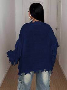 Maweii 大码女式长袖纯色流苏装饰毛衣 - 寶藍色 - 查看 2