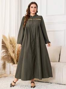 Lacomfia Robe ample pour femmes grande taille, style minimaliste mode, avec patchwork de dentelle et sequins, manches longues, fermeture éclair, pour un usage quotidien - Acajou - Voir 6