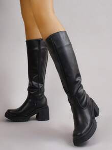 Botas Largas De Mujer Con Tacón Grueso Y Suela Dentada, Botas Altas De Piel Sintética Estilo Casual A La Moda Con Cierre Lateral - Negro - Ver 6