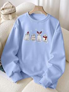 EMERY ROSE Women's Christmas Cartoon Cat Embroidery Crew Neck Sweatshirt - Blue - View 4