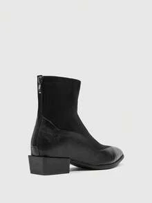 Daringsoles 女式尖头及膝一脚蹬靴，黑色光滑皮革粗跟中筒性感百搭高筒靴 - 黑色 - 查看 9