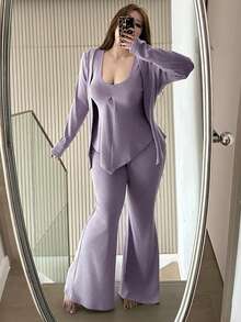 Dazy Plus 三件套优雅紫色大码女式休闲套装 - 紧身吊带背心、宽松开衫、裤子 - 紫色 - 查看 4