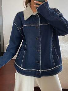 Livesso Damen lässige, weite Denim Jacke mit Umlegekragen, Herbst - Blau - Übersicht 5