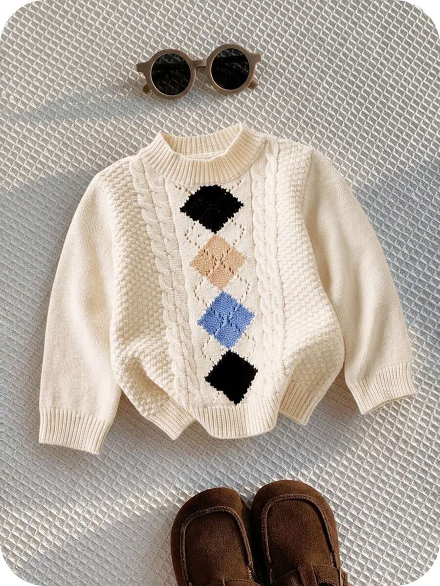 SHEIN 男女宝宝几何图案长袖针织衫，可爱费尔岛设计，秋冬季休闲宝宝服装 - 彩色 - 查看 1