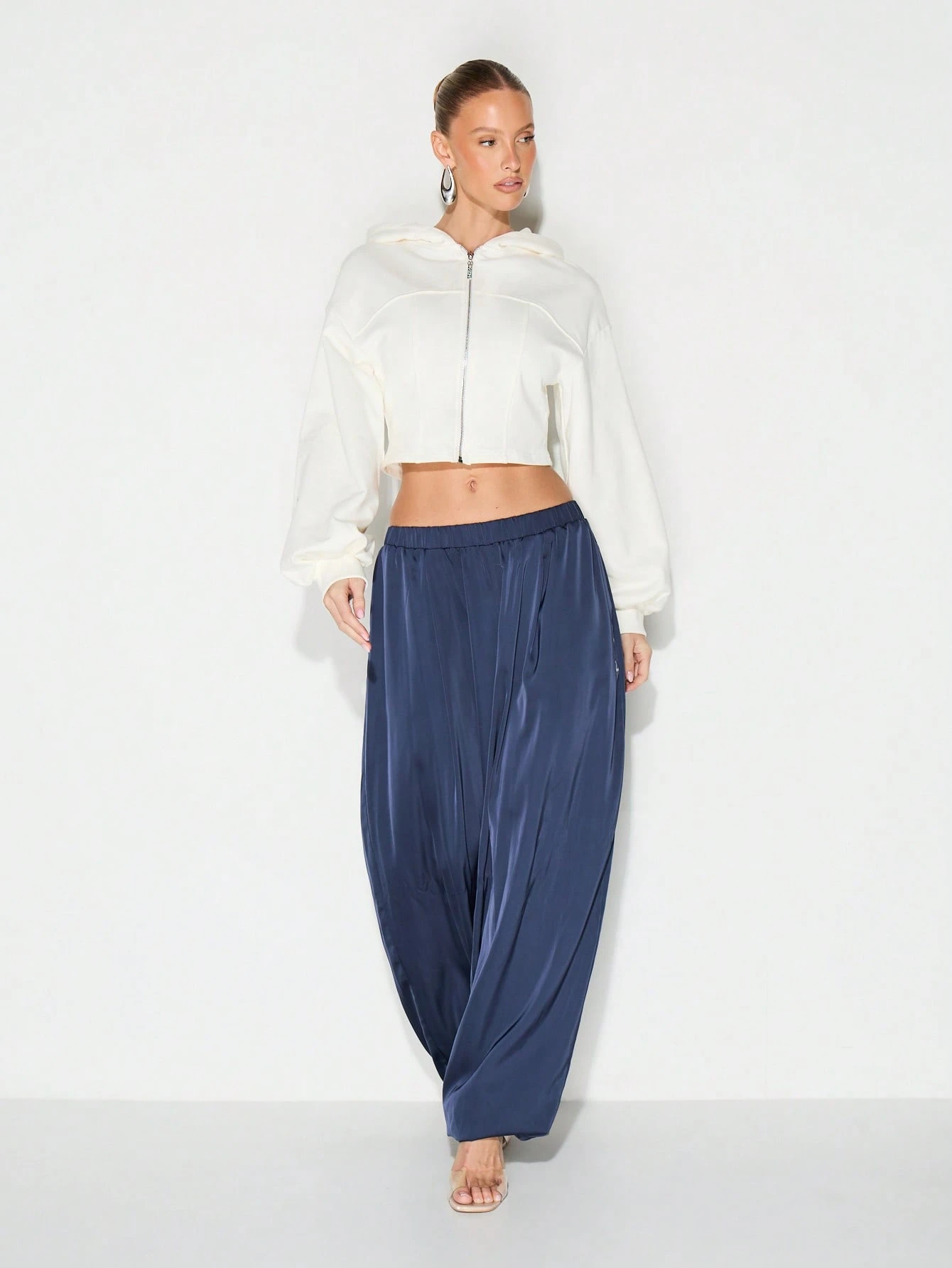 KIZN Cropped Full Zip Hoodie With Balloon Sleeves And Hood