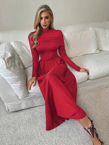 Elenzga 优雅浪漫修身A字露肩高领长袖连衣裙（女款） - 紅色 - 查看 5