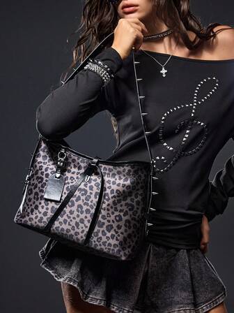 Grunge Punk Sac à main léopard de design de niche, sac fourre-tout vintage pour navetteurs, sorties quotidiennes et courses, grande capacité, pour femmes, mode polyvalente