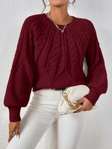 SHEIN LUNE Women's Casual Solid Color Round Neck Raglan Sleeve Loose Knit Sweater, Autumn/Winter - Burgundy - View 4