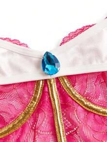 Fantasy Costume 4件套 女士经典 COS 公主闪亮蕾丝拼接露肩褶皱修身吊带连衣裙内衣套装 - 粉色 - 查看 7