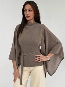 Aloruh Women's Solid Color Stand Collar Flare Sleeve Belted Casual Fashionable Top Fall Autumn Winter Top, A Versatile Autumn/Winter Style - Apricot - View 5