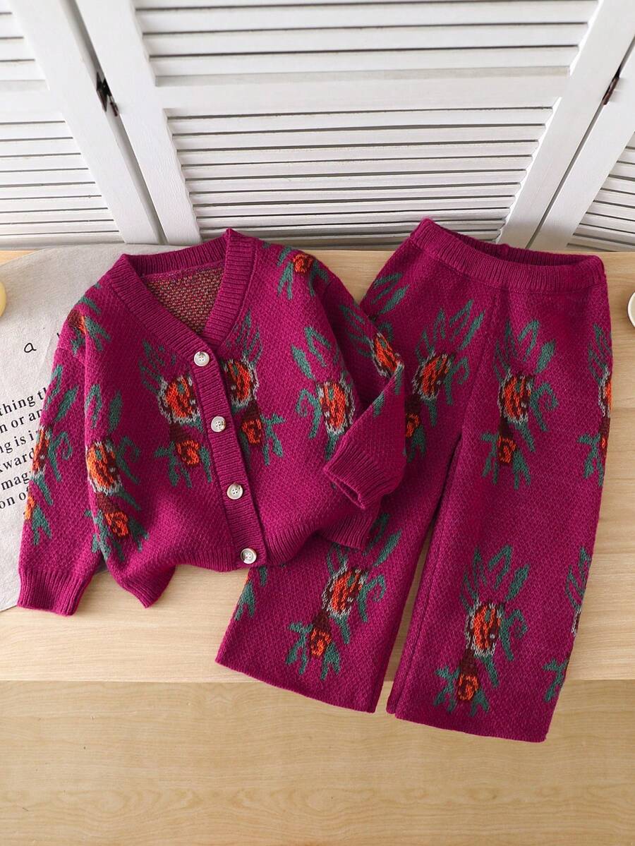 Elladie kids 年轻女孩时尚复古别致舒适针织毛衣套装 - 玫紅色 - 查看 1