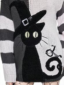 ROMWE Goth 神秘暗黑猫嵌花阴阳条纹宽松圆领毛衣 - 彩色 - 查看 3
