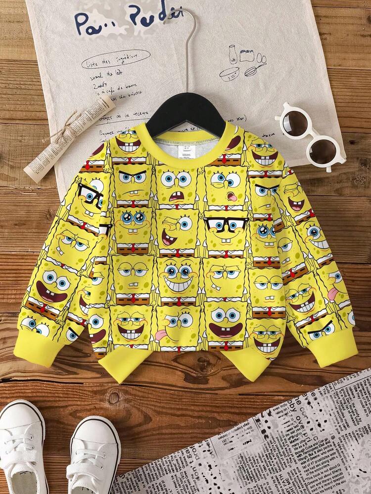 SpongeBob SquarePants | SHEIN 小男孩秋季休闲卡通图案圆领运动衫 - 白色 - 查看 1