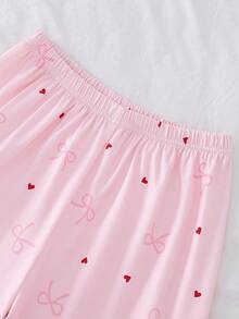 2pcs/Set Girly Pink Cardigan With Heart-Shaped Bow Print, Faux Collar, Long-Sleeved Top And Trousers Pajama Set, Suitable For All Seasons. Pink Pajama Set,Teen Girl Clothes - Multicolor - View 6