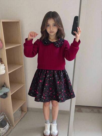 SHEIN Elladie kids Young Girl Contrast Patchwork Floral Peter Pan Collar Two In One Dress Autumn Fall