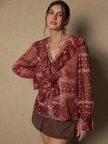 Freevana Áo cánh tay bèo họa tiết chắp vá Schiffy thường ngày dành cho nữ cỡ lớn, mặc đi nghỉ, mùa xuân/hè/thu - Màu Đỏ Sâu - Xem 5