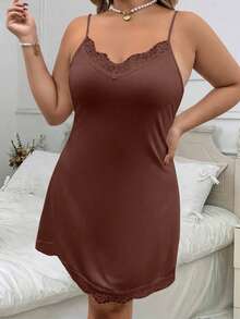 SHEIN Clasi 大码优雅纯色蕾丝边吊带连衣裙 - 棕色 - 查看 6