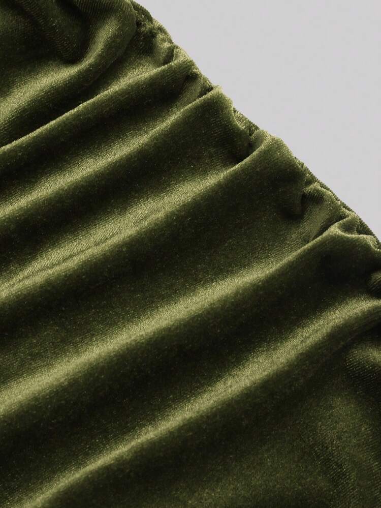 Sweetra 1 Peça Vestido Elegante de Alça Fina com Babado e Bainha de Sereia em Cor Sólida para Festa de Férias, Vestido Longo de Veludo para Mulheres - Verde Militar - Visão 4