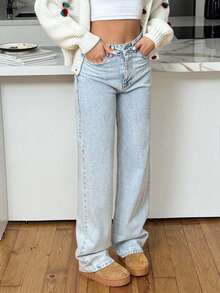 EURMUSE Women's Jeans 100%Cotton HIGH RISE STRAIGHT CUT LIGHT BLUE WOMEN JEAN Cowgirl Outfit 2000s Style - Light Wash - View 5