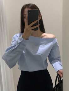 DAZY 女士纯色不对称肩长袖套头衫，浅蓝色，春夏秋季 - 淺藍色 - 查看 9