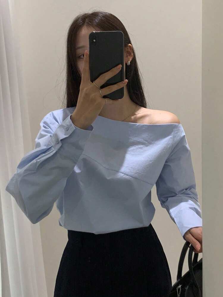 Women's Solid Color Asymmetrical Shoulder Long Sleeve Blue Pullover Shirt, Light Blue, Spring/Summer/Autumn