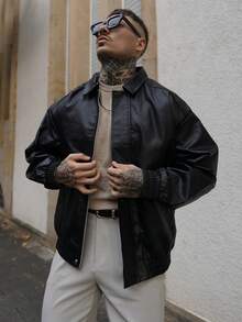 Artur Kramer 男士休闲宽松商务皮夹克，复古风格，秋冬，垃圾摇滚 - 黑色 - 查看 4