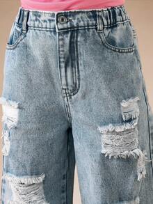 SUMWON Distressed Wide Leg Light Wash Denim Jeans With Ripped Details For Casual Everyday Wear - Light Wash - View 5