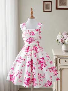 Sweetra Váy midi xếp ly họa tiết sứ trắng xanh nhạt ngọt ngào - Hồng - Xem 6