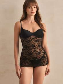 Charlaine 1 件女士性感蕾丝 V 型后背钢圈薄杯吊带背心连衣裙，黑色 - 黑色 - 查看 1