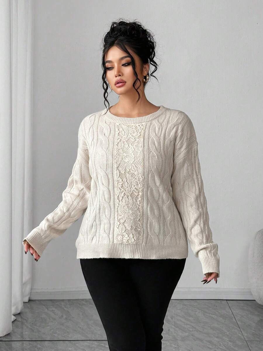 Elenzga Women's Casual Lace Long Sleeve Loose Fit Plus Size Sweater, Suitable For Outings And Wedding Guests, Autumn/Winter - Apricot - View 1