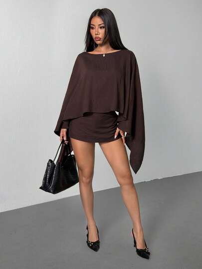 SHEIN PETITE 秋冬新款通勤优雅休闲度假宽松棕色长袖衬衫+迷你裙裤两件套，旅行、通勤、聚会、度假、复古风、购物、宴会、优雅、派对、约会、休闲-A