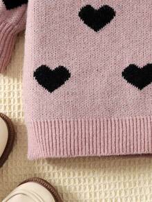 少女爱心印花圆领可爱长袖休闲连衣裙，秋冬款 - 藕粉色 - 查看 5