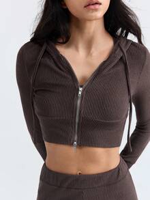 Loungeista 两件套女士连帽拉链长袖露脐上衣和喇叭裤家居服套装，休闲睡衣，适合户外穿着，秋冬季舒适保暖，秋季服装 - 棕色 - 查看 4