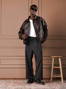 SUMWON Boxy Fit Men's Oversized Leather Bomber Jacket With Ribbed Collar And Full Zip Closure For Fall Winter - Brown - View 6