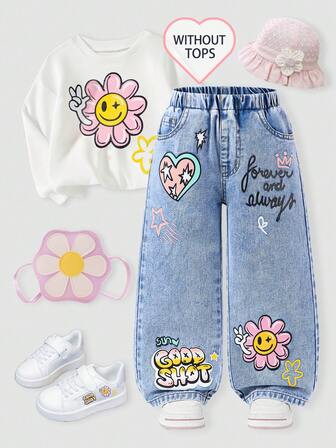 SHEIN Vintage Retro Y2K Streetwear Casual College Style Elastic Waist Loose Straight 5-Pocket Jeans For Young Girls, Floral, English Letter, Crown, Heart Graphic Print, Versatile Fashion Essential