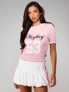 Missguided x Playboy Camiseta de cuello redondo de manga corta ajustada y acortada con gráficos - Multicolor - Ver 4